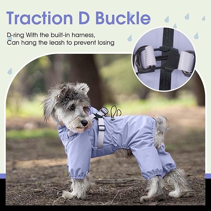 BRKURLEG Dog Raincoat for Small Dogs, Small Dog Rain Jacket with Harness Built in, Waterproof 4 Legs Puppy Raincoats, Puppy Outdoor Jacket with Reflective Strip, Purple, M