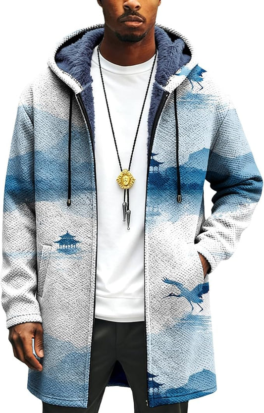 LIZALIG Long Hooded Cardigan Men Japanese Art Style Fashion Cool Graphic Coats Winter Warm Lined Fleece Jacket