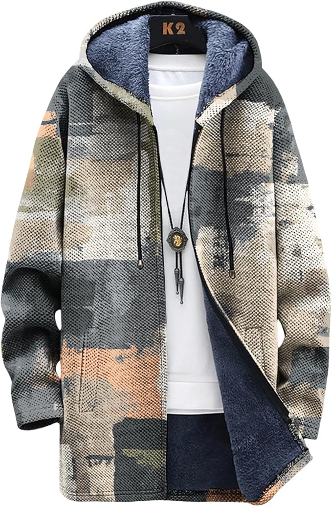 Mens Long Cardigan Hoodies Full Zip Fleece Lined Jackets Fashion Knitted Color Block Hooded Coat with Pockets