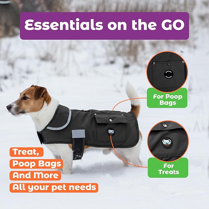 Joyride Harness FrostFlex Dog Winter Jacket - Fleece Lined & Water-Resistant - Snowsuit with Pockets for Treats & Poop Bags - Durable Cold Weather Dog Coat - Black Onyx-XS