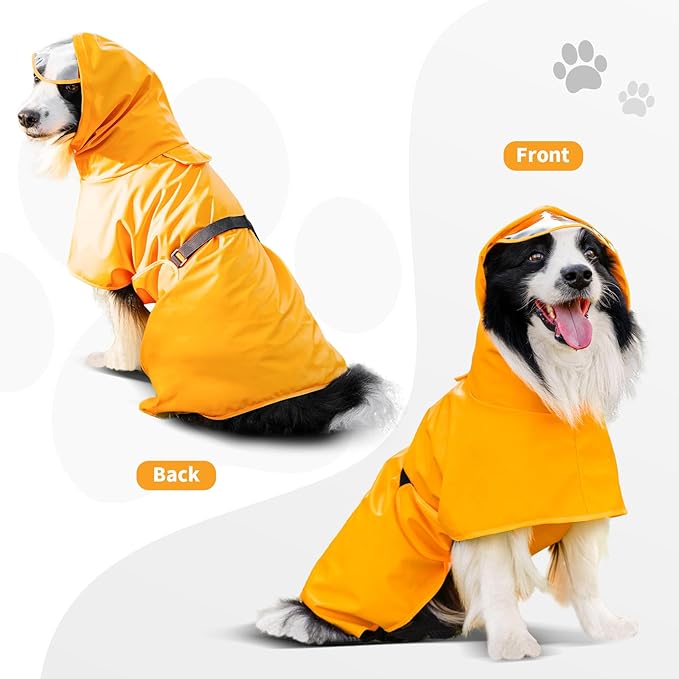 Dog Raincoat, Waterproof Windproof Dog Rain Jacket with Hood, Rain Coat with Leash Hole, Adjustable Raincoat Poncho for Small Medium Large Dogs Outdoor (Yellow, Large)