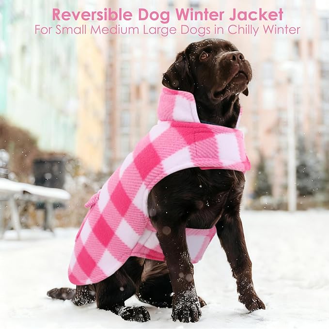 AOFITEE Dog Coat Plaid Dog Winter Coat for Large Dogs, Warm Dogs Jacket Christmas Sweater, Waterproof Pet Puffer Jacket, Reversible Pet Cold Weather Coats for Small Medium Large Pets, Pink XXL