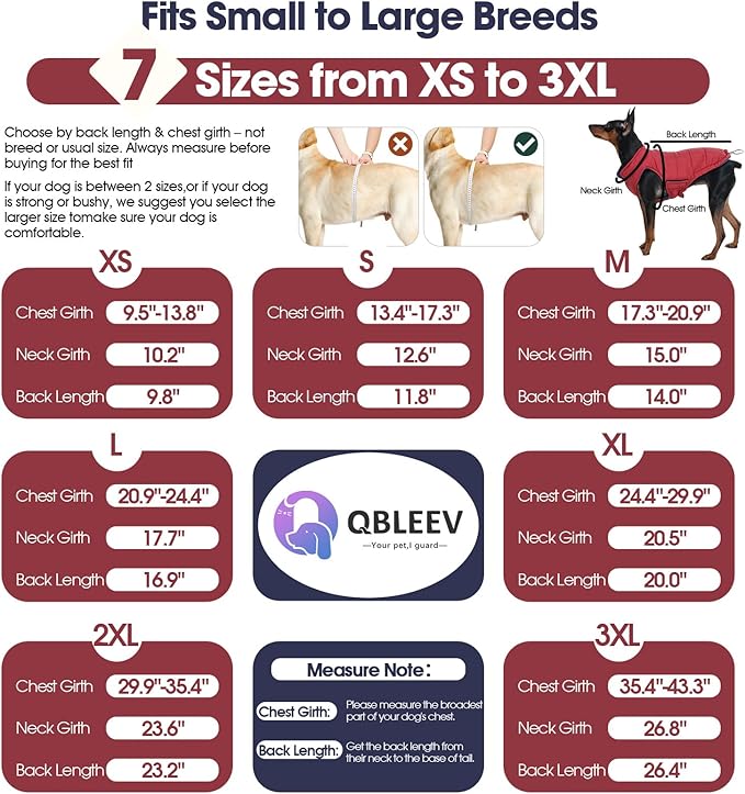 QBLEEV Reversible Dog Coat for Large Dogs, Waterproof Windproof Winter Jacket Keeps Big Breeds Warm & Dry, Adjustable Hook & Loop Puffer Vest, Wine Red, 3XL – Fits Labrador, Weimaraner, Great Dane