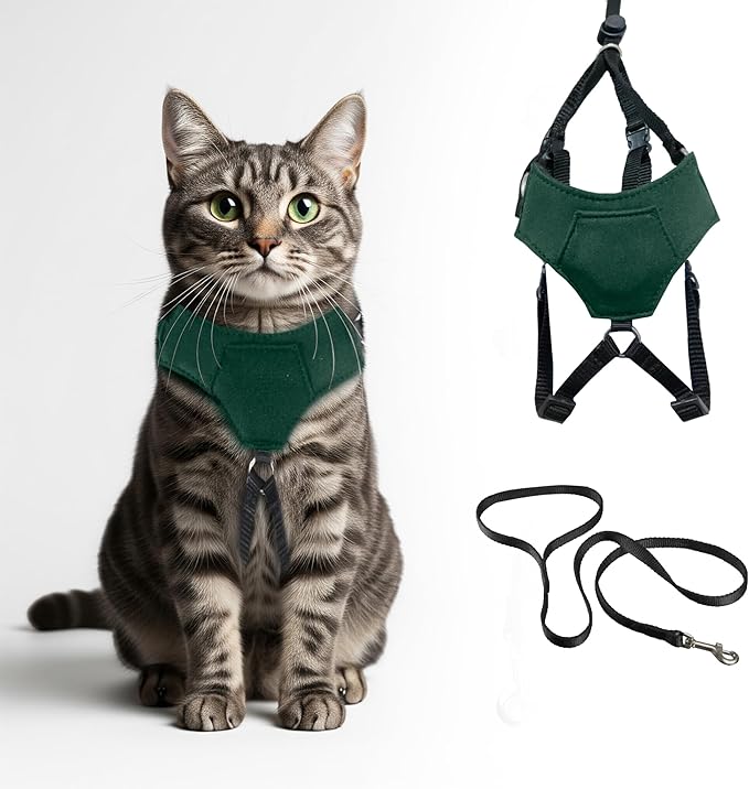 A1HC Escape Proof Cat Harness and Leash - Soft Adjustable Vest, Comfortable Mesh and Long Strips with Air Tag Pocket, Easy Control, Safe Walking Harness for Cats & Kittens - Dark Green (Small)