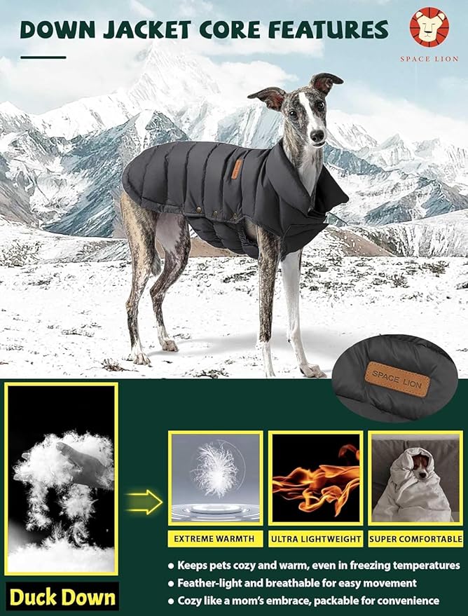 SPACE LION Dog Puffer Jacket, Down Winter Coat, Durable Outdoor Coat for Cold and Windy Conditions, Waterproof, Lightweight Jacket, Adjustable Fit for Small, Medium, Large Dogs(Black,12/M)