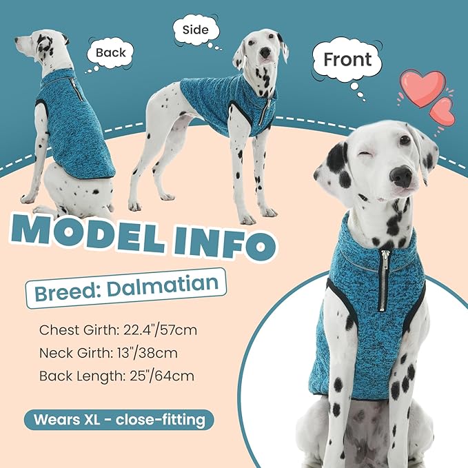ROZKITCH Dog Sweater for Medium, Knit Jacket with Fleece Lining, Dog Clothes for Medium with Half Zipper Opening for Harness, Adjustable Neck Reflective Pet Jacket Blue L