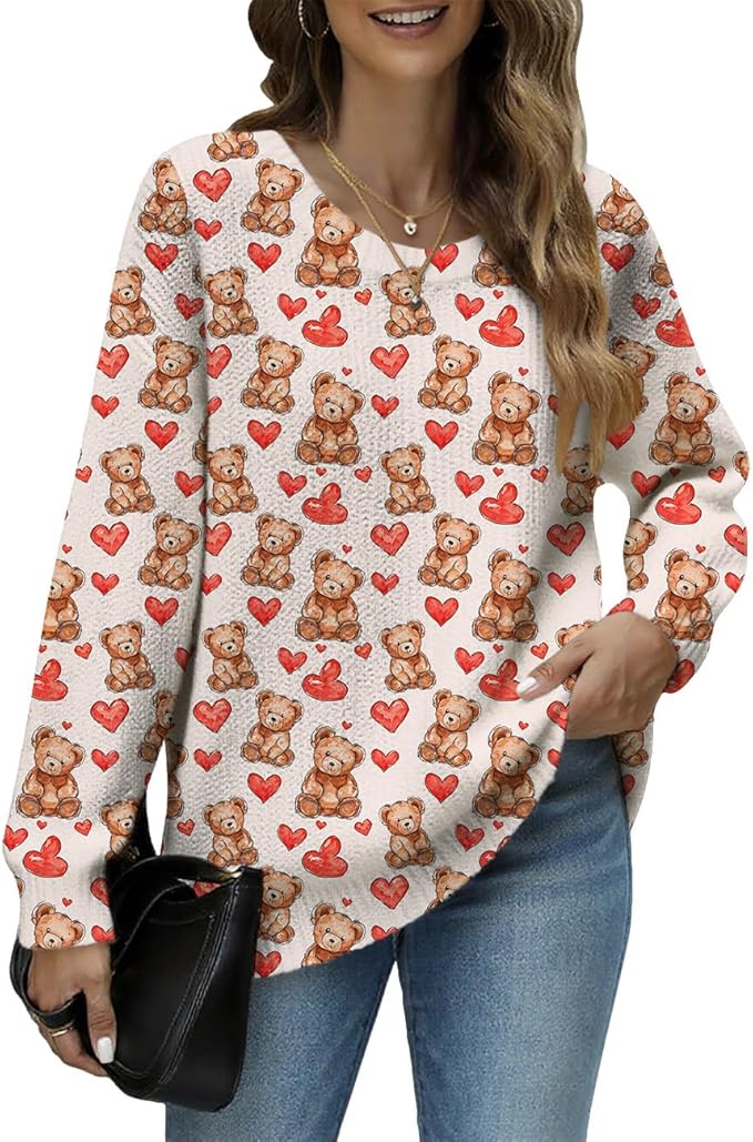 Women's Cat Printed Sweater Oversized Cable Knit Long Sleeve Christmas Clothes Casual Autumn Winter Fashion Tops