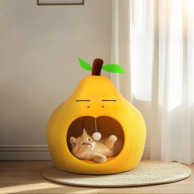 Cute Cat Beds for Indoor Cats, Small Dog Beds, Soft Washable Pet Beds for Kitten and Puppy, Funny Pear Cat Cave, 19 Inches
