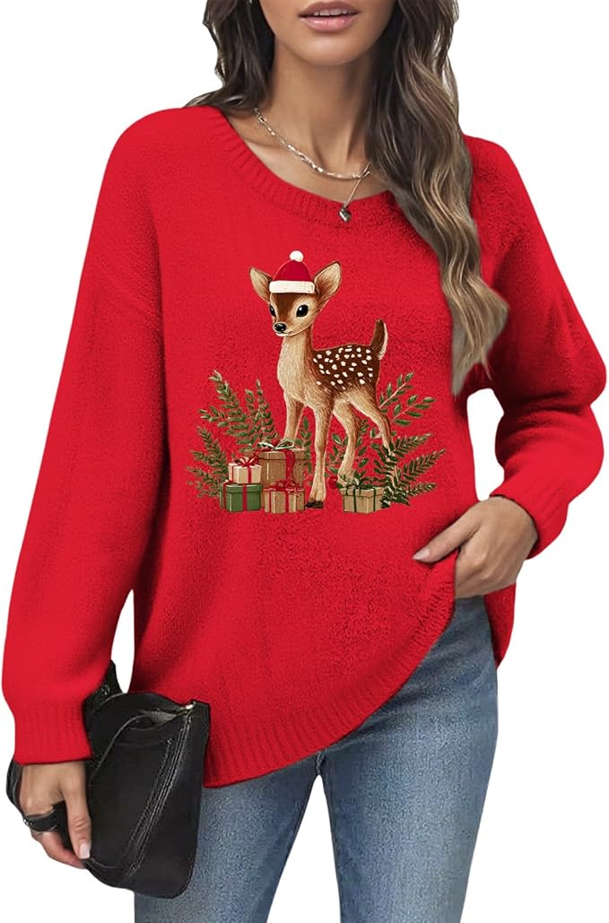Women's Red Christmas Sweater - Festive Cartoon Patterns, Cozy Knit for Holiday Parties & Gatherings