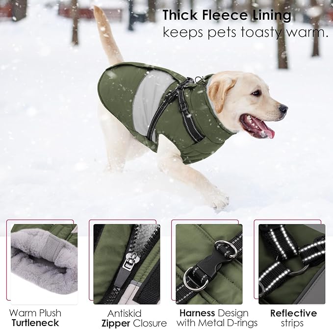 AOFITEE Dog Coat, Waterproof Dog Jacket Winter, Dogs Coat with Harness Built in, Warm Dogs Puffer Jacket with Zipper, Reflective Pet Snowsuit Sweater for Dachshund, French Bulldog, Boston Terrier, M