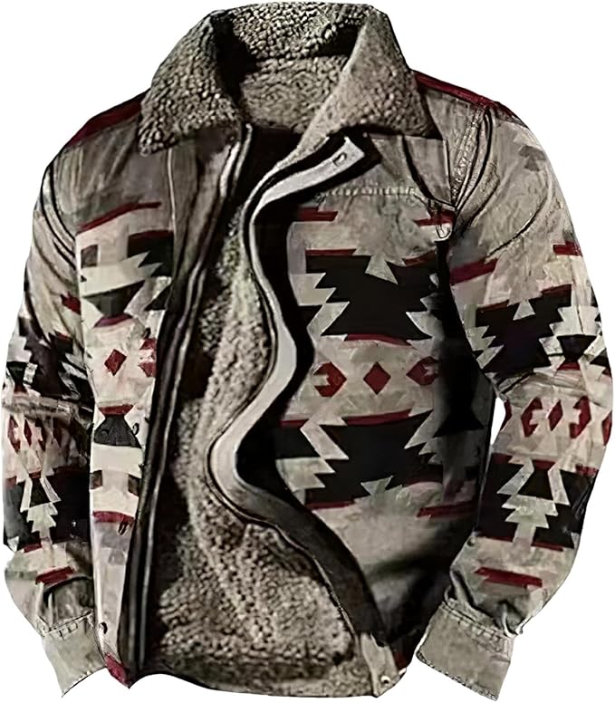 LOAIHA Men's Western Aztec Vintage Print Sherpa Fleece Lined Jackets Casual Zipper Winter Warm Jacket Coats