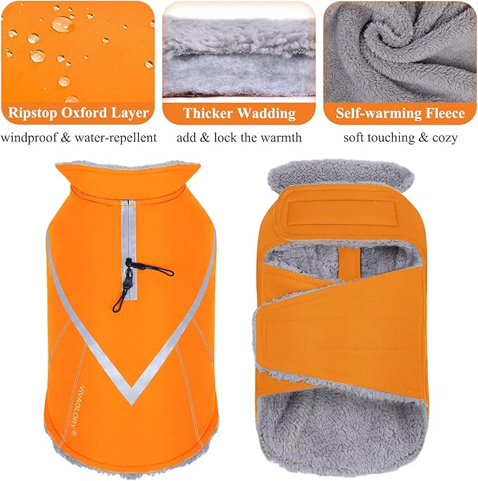 VIVAGLORY Snowrap Dog Coat, Jacket with Harness Hole & Velcro Closure, Dog Coat for Winter & Cold Weather, Fluffy Warm Fleece Lined Reflective Water Resistant for Puppy, XXS, Orange
