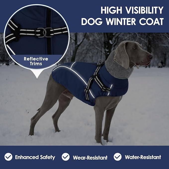 AOFITEE Dog Coat for Large Dogs, Waterproof Dog Jacket Winter with Harness Built in, Warm Fleece Pet Puffer Jacket with Zipper, Cold Weather Coats for Dogs, Reflective Pet Snowsuit, Blue XXL