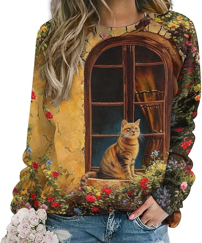 Long Sleeve Shirts for Women Cat Oil Painting Shirt 3D Graphic Sweatshirts Fall Pullover Crewneck Vintage Boho Tops
