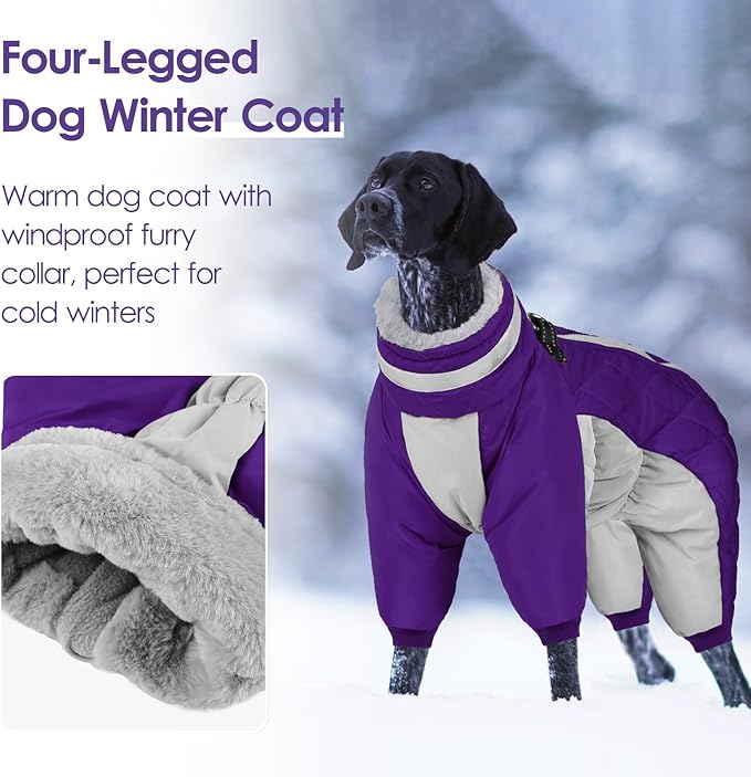 SUNFURA Full Body Dog Coat - Warm Fleece Jacket for Large Dogs, Turtleneck Winter Coats with Harness, Reflective Dog Snowsuit Windproof Puffer Jackets with Legs for Weimaraner, Purple XL