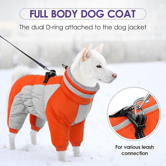 SUNFURA Full Body Dog Coat - Warm Fleece Jacket for Large Dogs, Turtleneck Winter Coats with Harness, Reflective Windproof Dog Snowsuit with Legs for Labrador,Golden Retriever, Orange 2XL