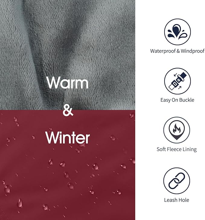 IECOii Extra Warm Dog Jackets for Large Dogs, Insulated Thermal Fleece Vest for Winter, Waterproof Reflective XL Dog Coat with Fur Collar, Windproof Cold Weater Clothes with Leash Hole, Burgundy, XL