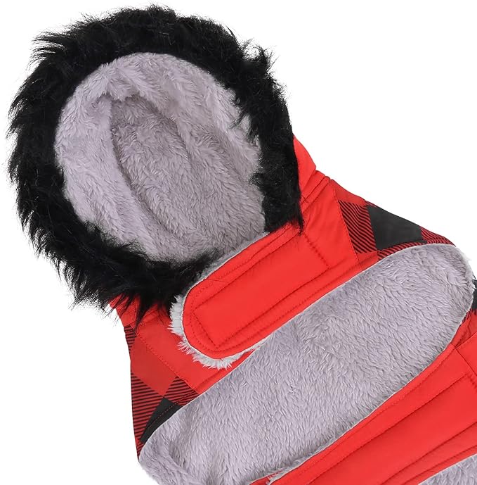 HDE Dog Puffer Jacket Fleece Lined Warm Dog Parka Winter Coat with Harness Hole Buffalo Plaid - XXL