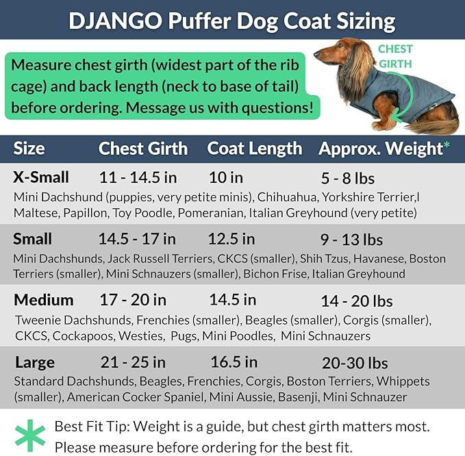 DJANGO Reversible Puffer Dog Coat – Warm Winter Dog Jacket & Water-Repellent Insulated Dog Coat w/Harness Hole, Windproof, Adjustable Fit for Small & Medium Dogs, Dachshunds – Twilight Blue, Large