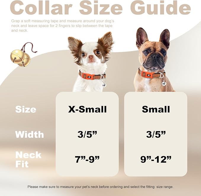 Adjustable Reflective XS/XXS Dog Collar with Bell - Nylon Puppy Collar for Chihuahua, Pomeranian, Small Dogs, Nighttime Safety, Orange XS