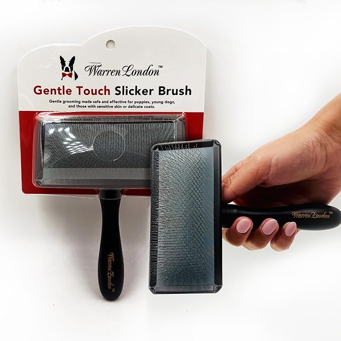 Warren London Gentle Touch Slicker Brush for Puppies & Small Dogs – 4" x 2" Soft Pin Grooming Brush – Tangle Remover for Sensitive Skin – Compact, Lightweight & Easy to Use