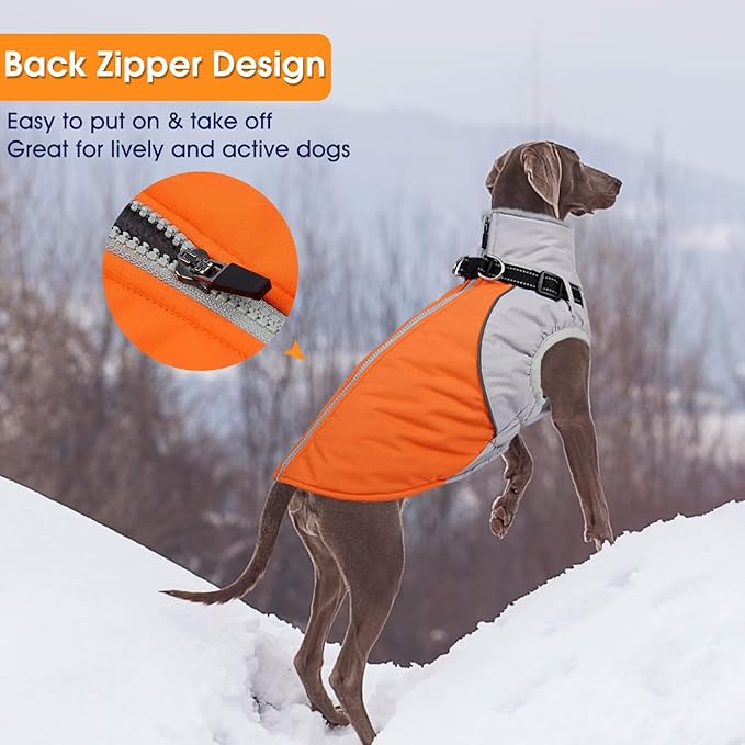 Dog Coats for Large Dogs,Winter Waterproof Jacket with Collar Built in,XXL Dog Coat for Cold Weather Warm Snow Jacket with Thermal Fleece Lining,Reflective Pet Snowsuit Large,Orange,2XL