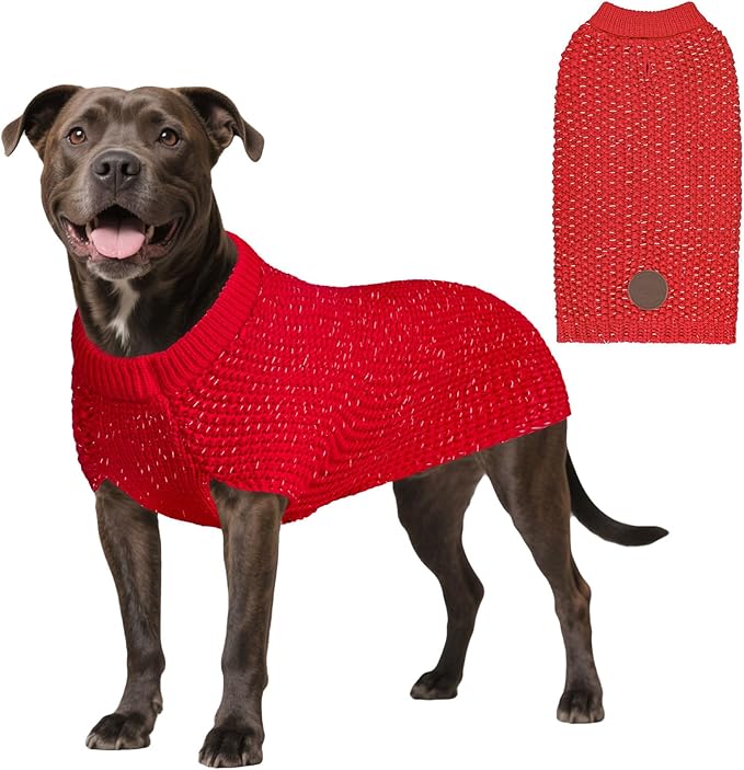 KYEESE Dog Christmas Sweater for Large Dogs with Leash Hole Warm Pullover with Reflective Yarn Male Thick Stretchy Knitwear Winter Soft Pet Coat boy Cold Weather Comfy Dog Sweaters,Red, XX-Large