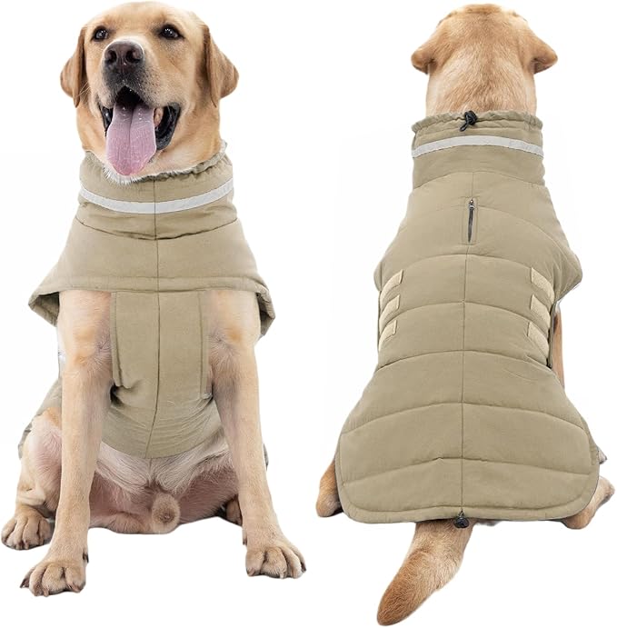 Dog Coat, Waterproof Winter Jacket, Warm Windproof Jacket, Reflective Adjustable Turtleneck Coats for Small Dogs with Hook & Loop - Khaki - S