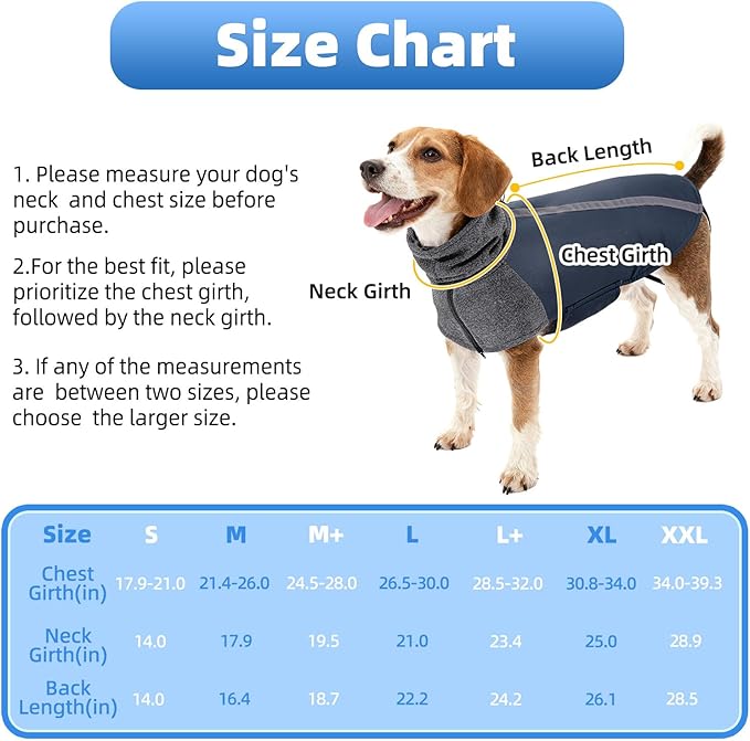 SlowTon Winter Dog Coat, Warm Polar Fleece Lining Doggie Outdoor Jacket with Turtleneck Scarf Reflective Stripe Adjustable Waterproof Windproof Puppy Vest Soft Pet Outfits (XXL,Dark Blue)