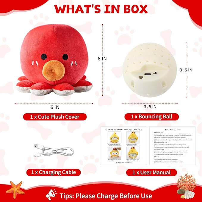 Interactive Dog Octopus Toy, Rechargeable Jumping Plush Toy with Motion Activation for Small Large Dogs, Move Bouncing Ball for Pets Keep Busy Reduce Boredom, No Loud Music (Octopus)