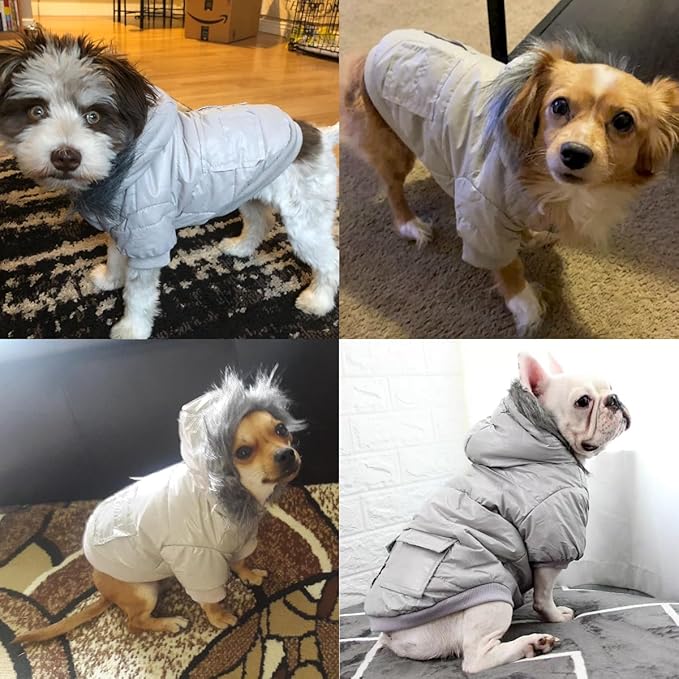 LESYPET Dog Coat for Small Dogs, Windproof Doggie Puffer Jacket with Leash Hole, Extra Warm Dog Jacket Winter Coat, Grey XXL