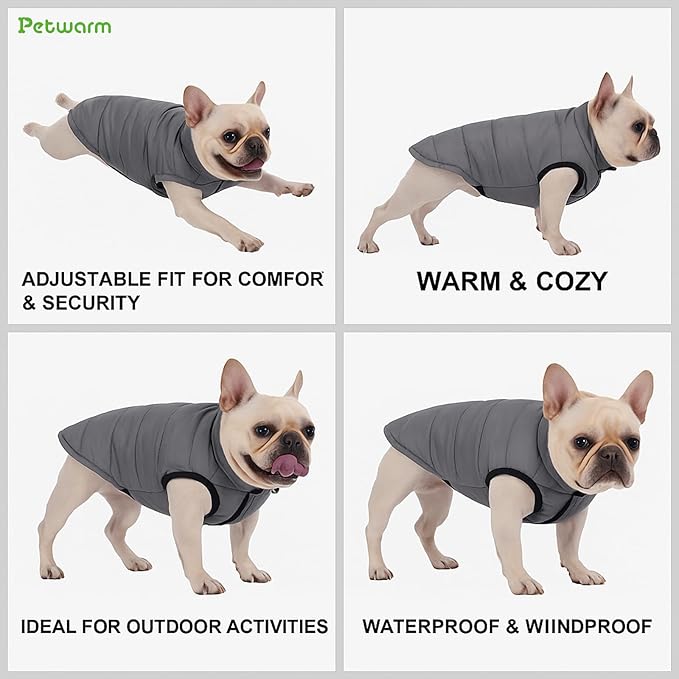 PetWarm Reversible Dog Cold Weather Coats, Waterproof Dog Puffer Vest, Vest for Dogs with Hook-and-Loop Strap, Windproof Outdoor Coat for Winter Walks and Snowy Days, Grey, M
