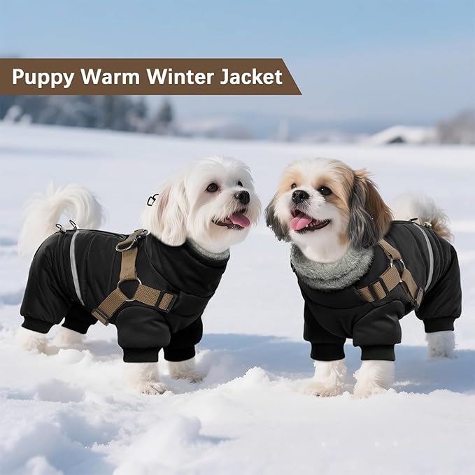 BRKURLEG Black Dog Coat with Harness, Dog Winter Jacket, Dogs Onesie Body Warm Jackets, Small Dogs Winter Coats Reflective Windproof Warm Cold Weather Coats, Pet Waterproof Jacket Hiking M