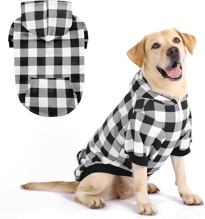 KOOLTAIL Plaid Dog Hoodie Pet Clothes Sweater with Hat and Pocket for Small Medium Large Size Dogs, Soft Winter Warm Dog Cold Weather Coat, Fleece Fall Dog Hooded Sweatshirt for Puppy Cats, White XL