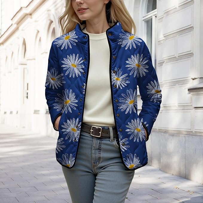 LIZALIG Women's Cropped Puffer Jacket Lightweight Floral Print Long Sleeve Padded Quilted Puffy Cardigan Coat