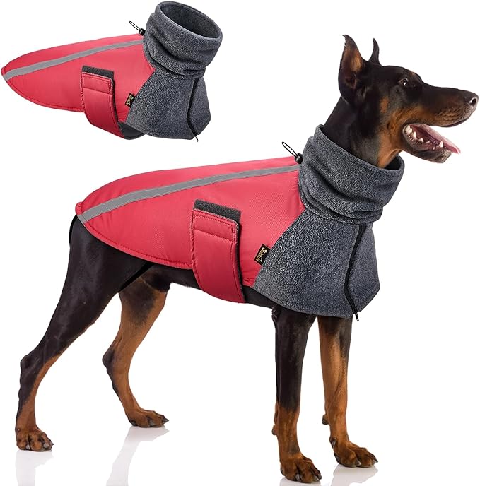 SlowTon Winter Dog Coat, Warm Polar Fleece Lining Doggie Outdoor Jacket with Turtleneck Scarf Reflective Stripe Adjustable Waterproof Windproof Puppy Vest Soft Pet Outfits (L,Red)