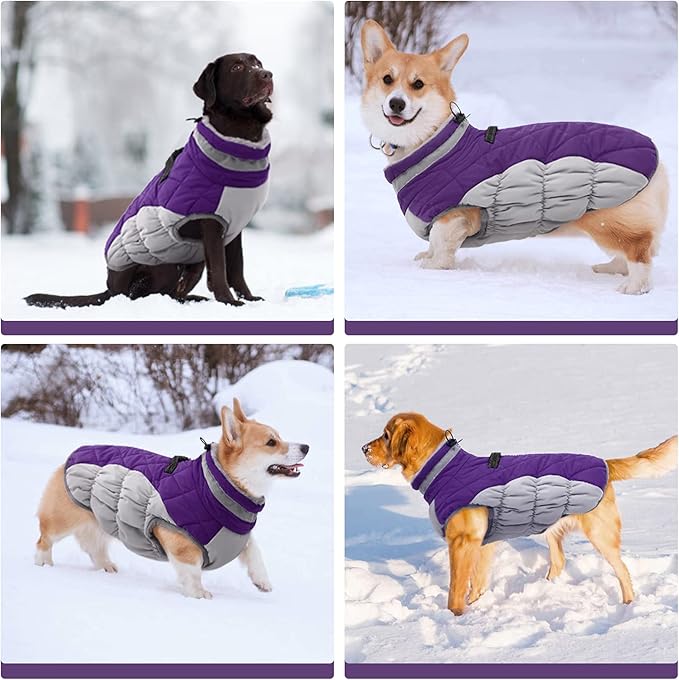 FUAMEY Dog Coat for Large Dogs,Waterproof Dog Winter Jacket with Harness Built in Puppy Cold Weather Coats Reflective Pet Vest with Zipper Warm Fleece Dogs Snowsuit Windproof Purple XL