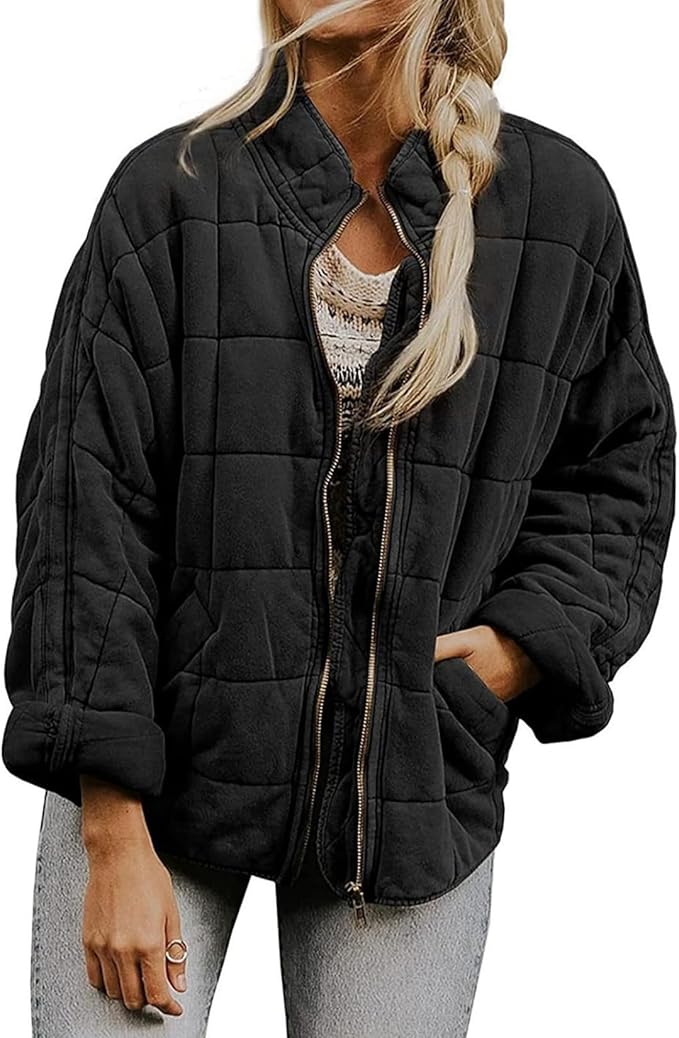 LIZALIG Warm Padded Coat for Women Full Zip Quilted Jackets Winter Oversized Causal Solid Color Stand Collar Pockets Coat