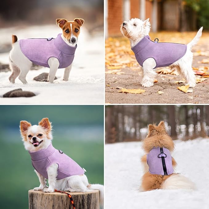 Idepet Dog Fleece Vest Sweater Zip Up Warm Pullover Dogs Jacket with D-Ring Leash Winter Cold Weater Coat Pet Sweatershirt Clothes Hoodie for Small Medium Dogs Boy Girl (Purple, XL)