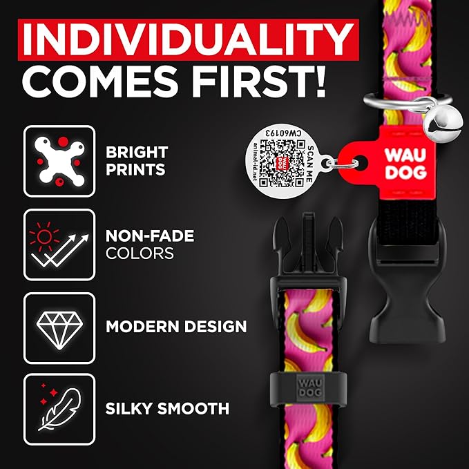 WAUDOG Nylon Cat Collar with Removable Bell and QR ID Tag for Small, Medium and Large Breeds Adjustable Long Lasting Durable Kitten Collars Boy & Girl