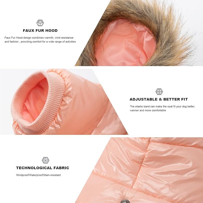 PINA Dog Winter Coat with Faux Fur Hood, Windproof and Warm, Suitable for Small to Large Dogs, Pink, M