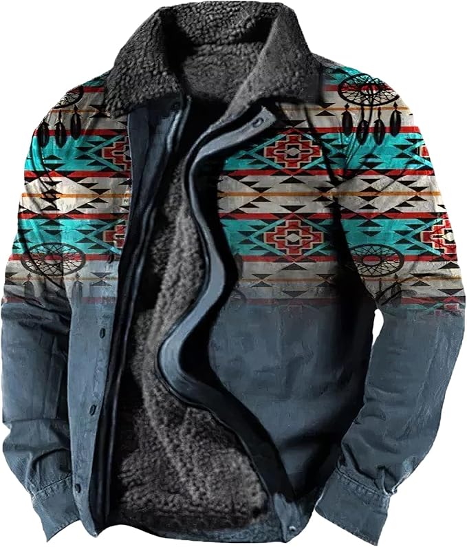 LOAIHA Men's Western Aztec Vintage Print Sherpa Fleece Lined Jackets Casual Zipper Winter Warm Jacket Coats