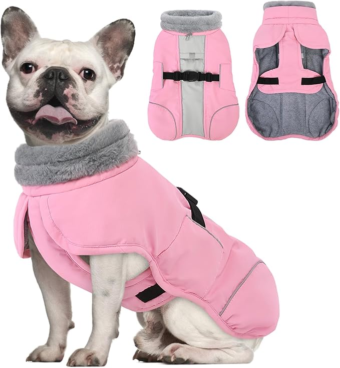 Queenmore Dog Coats for Large Breeds, Doggie Snow Jacket, Adjustable Easy On Dog Winter Jacket for Large Dogs, Waterproof Cold Weather Pet Coat, Pink, L