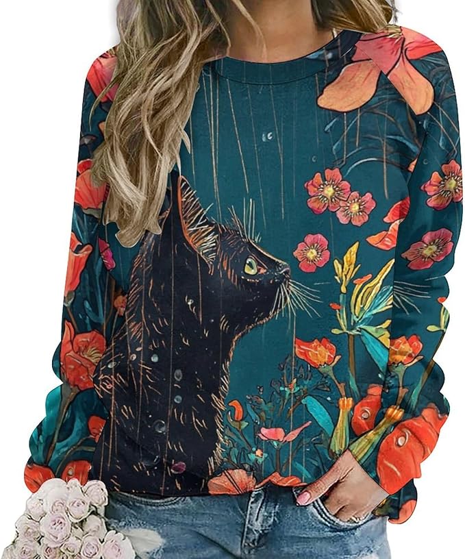 Long Sleeve Shirts for Women Cat Oil Painting Shirt 3D Graphic Sweatshirts Fall Pullover Crewneck Vintage Boho Tops