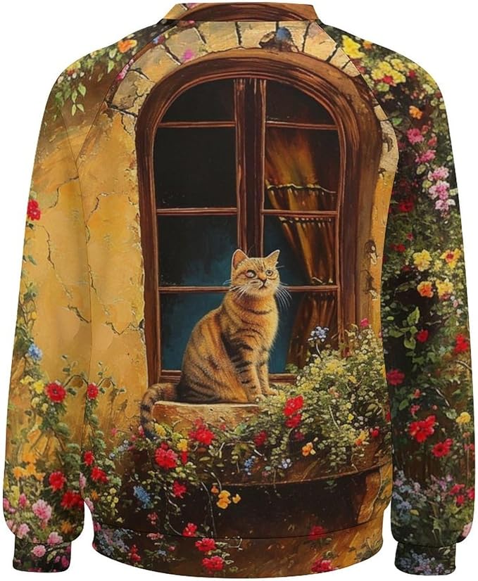 Long Sleeve Shirts for Women Cat Oil Painting Shirt 3D Graphic Sweatshirts Fall Pullover Crewneck Vintage Boho Tops