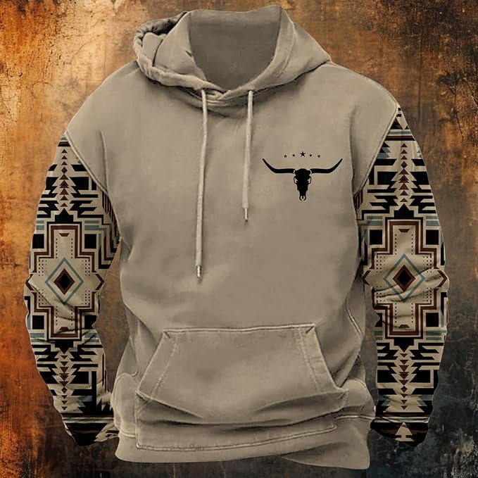 HOTYD Mens Western Aztec Sweatshirts Long Sleeve Fall Fashion Drawstring Pullover Vintage Graphic Cowboy Hoodie for Men