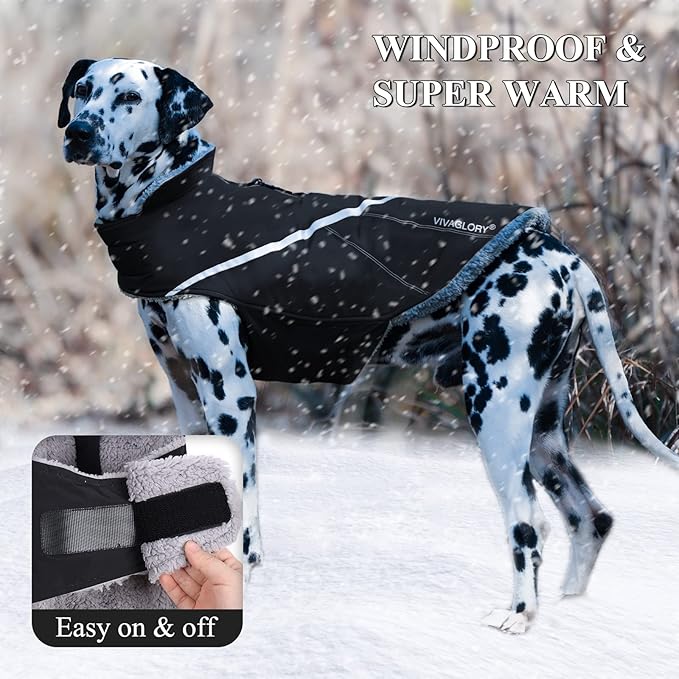 VIVAGLORY Snowrap Dog Coat, Jacket with Harness Hole & Velcro Closure, Dog Coat for Winter & Cold Weather, Fluffy Warm Fleece Lined Reflective Water Resistant for Puppy, XL, Black