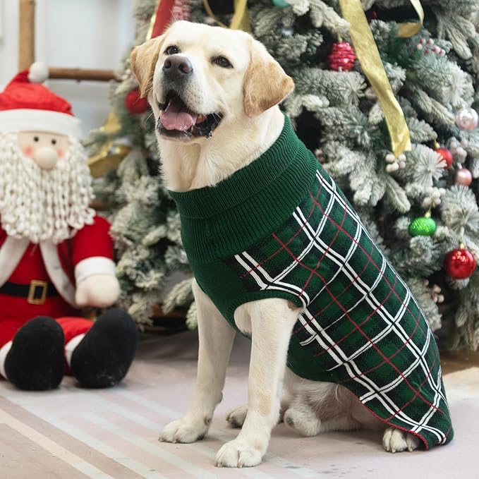 PUPTECK Dog Sweaters for Large Medium Small Dogs - Fall Classic Plaid Style Puppy Holiday Winter Coat Clothes Warm, Green, XL