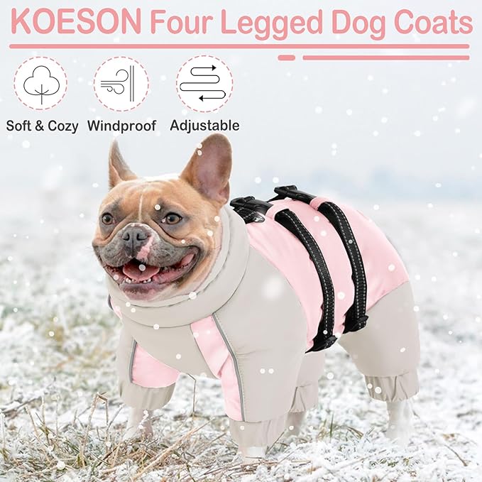 KOESON Four Legged Winter Coat, Warm Small Dog Jacket with Adjustable Buckles, Turtleneck Windproof Fleece Jackets, Reflective Fullbody Snowsuit Puffer Pink Grey S