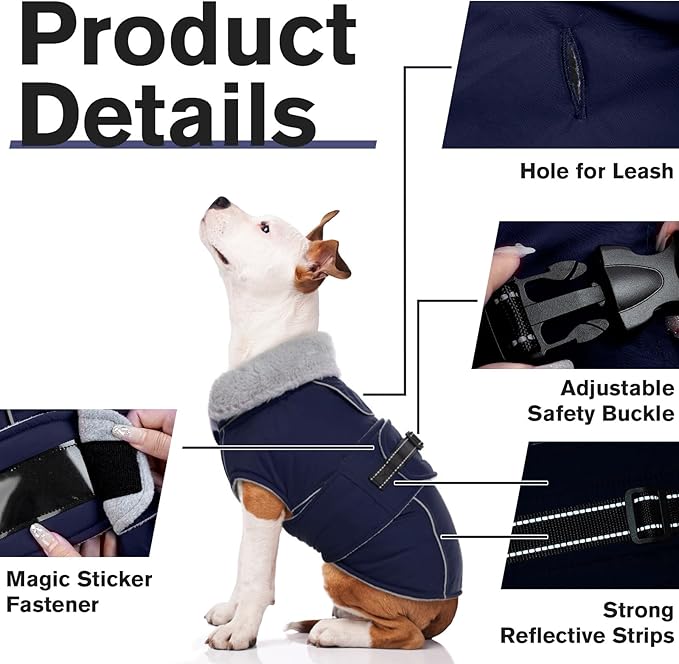 Lelepet Warm Dog Coat Waterproof Dog Jacket for Large Dogs Reflective Fleece Vest with Adjustable Buckle Hook & Loop Windproof Cold Weather Coats for Small Medium Large Dogs, Navy Blue, L